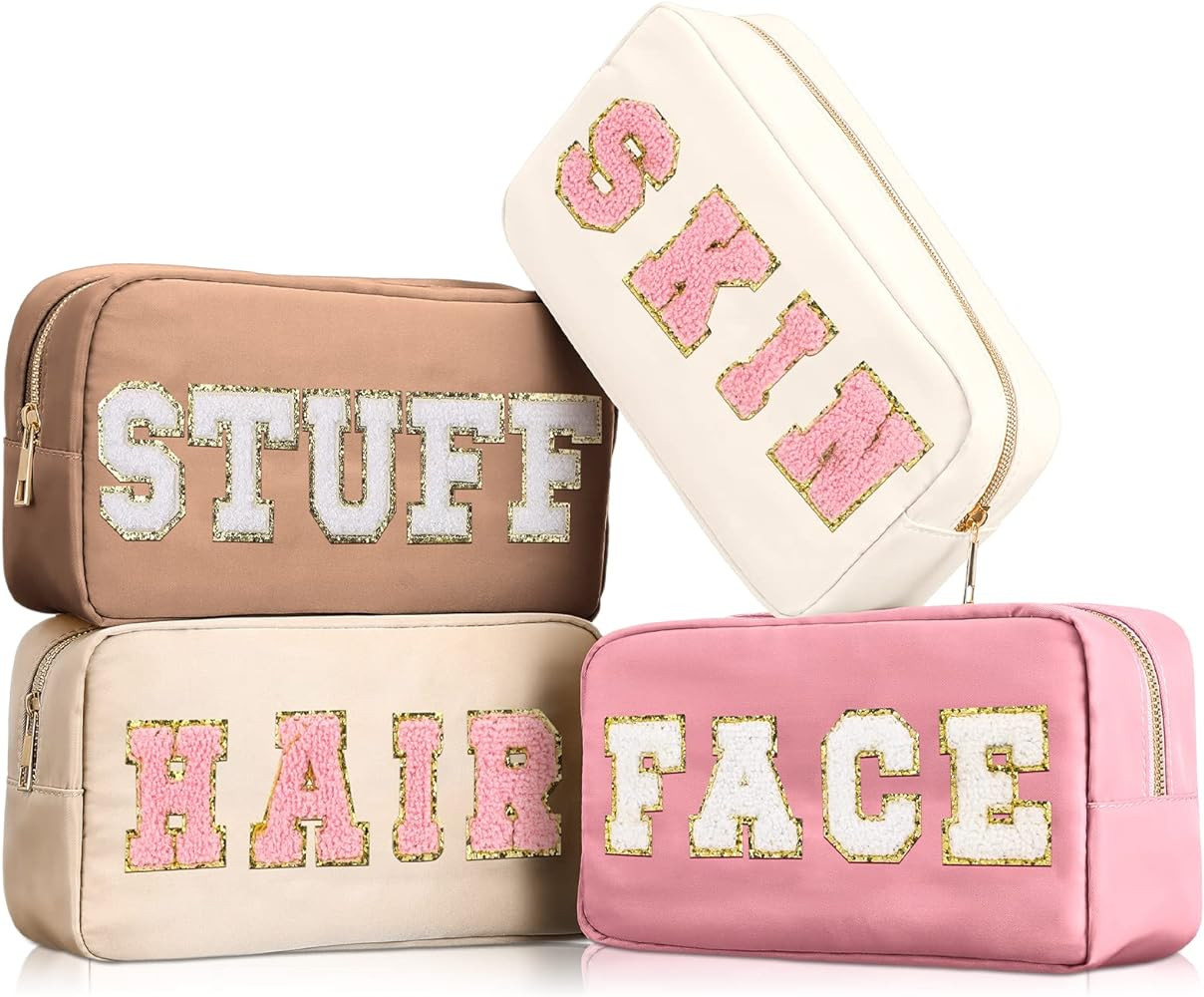 4 Pcs Preppy Makeup Bag Chenille Letter Nylon Cosmetic Organizer Toiletry Case with Zipper Stuff ... | Amazon (US)