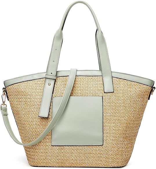 Women Straw Beach Tote Bags Leather Handbags Purses Designer Shoulder Bag Top Handle Bag Adjustab... | Amazon (US)