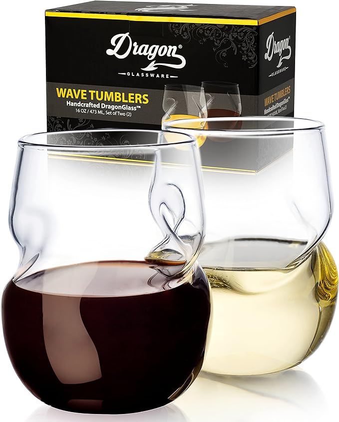 Dragon Glassware Stemless Wine Glasses, Clear Glass with Finger Indentations, Naturally Aerates W... | Amazon (US)