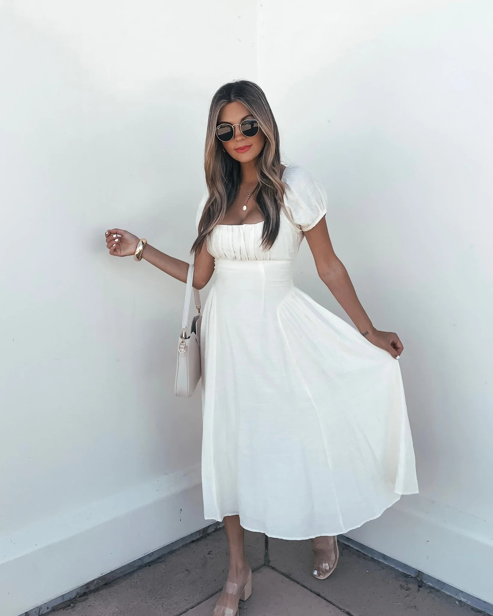 Ivory Puff Sleeve Shirred Midi Dress | Magnolia Boutique
