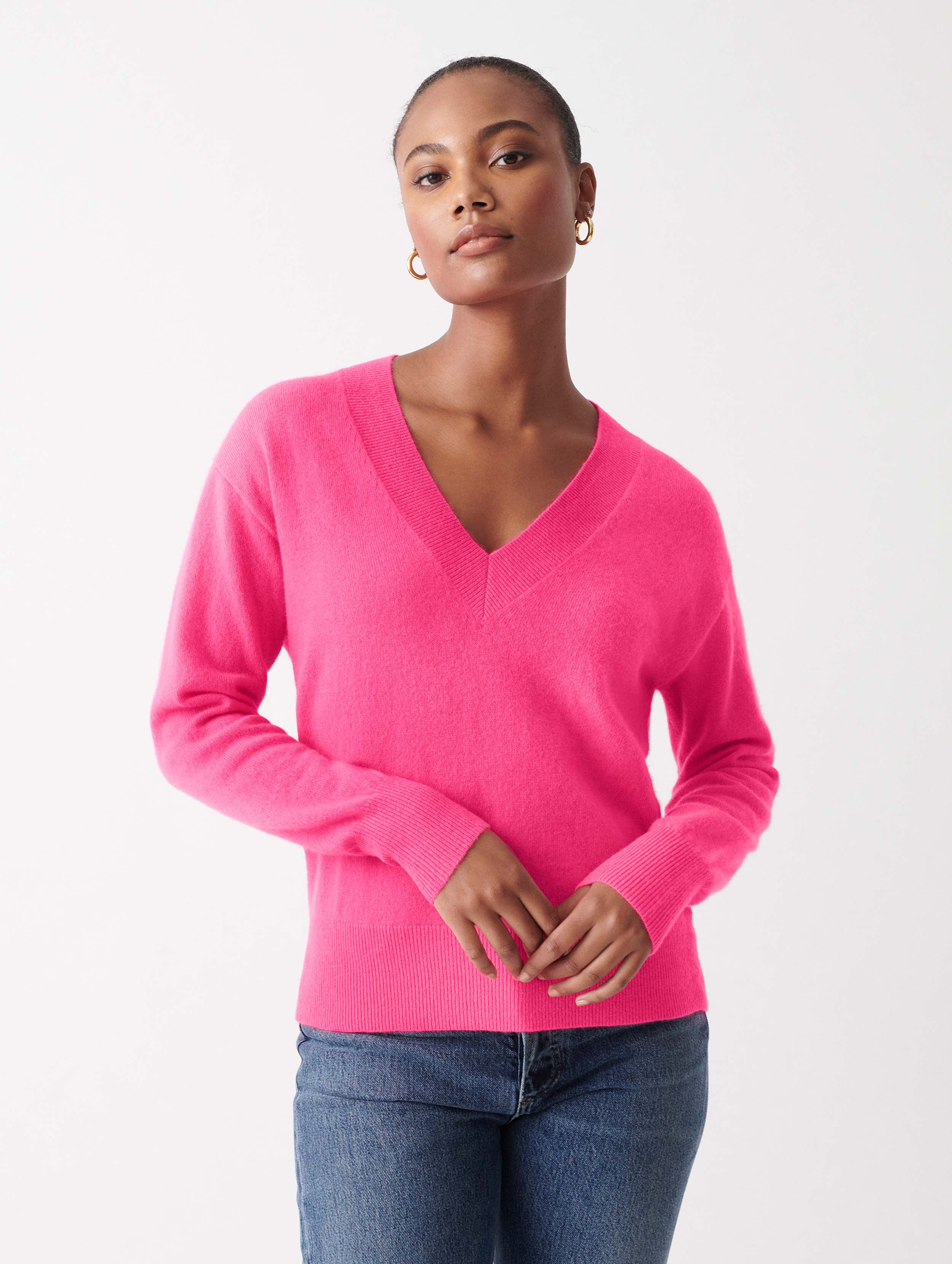 White + Warren Essential Cashmere V Neck Sweater in Neon Pink Sunrise size Medium | White and Warren