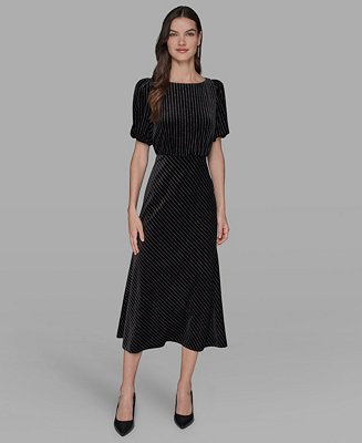 KARL LAGERFELD PARIS Women's Velvet Pinstripe Midi Dress - Macy's | Macy's