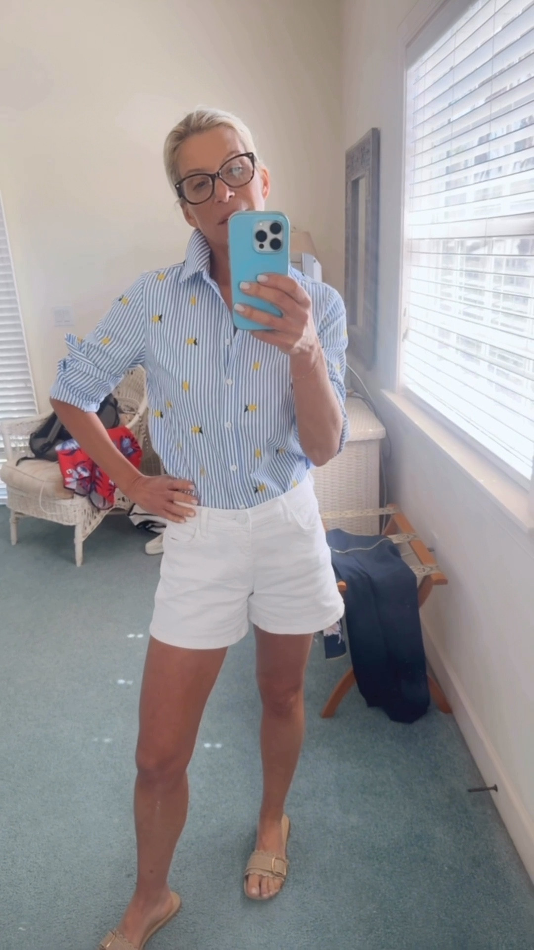 Easy lunch outfit today 🤍 A casual striped button-down with my favorite white denim shorts. Simple, comfy, and so good for warm days.

#LTKSpringSale #LTKOver40 #LTKootd