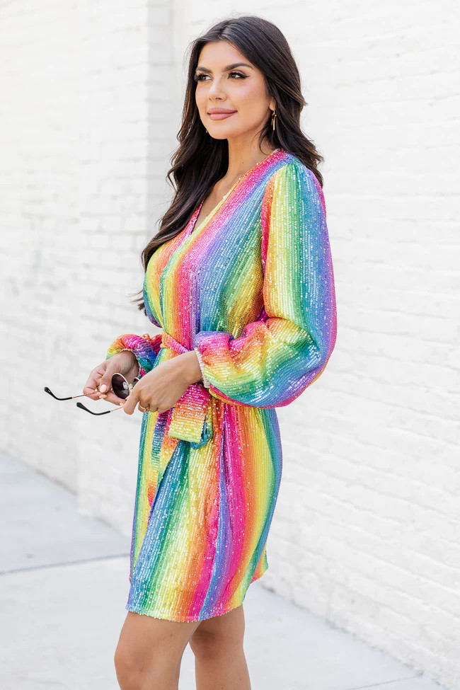 Light Up My World Rainbow Striped Sequin Mini Dress FINAL SALE | Pink Lily