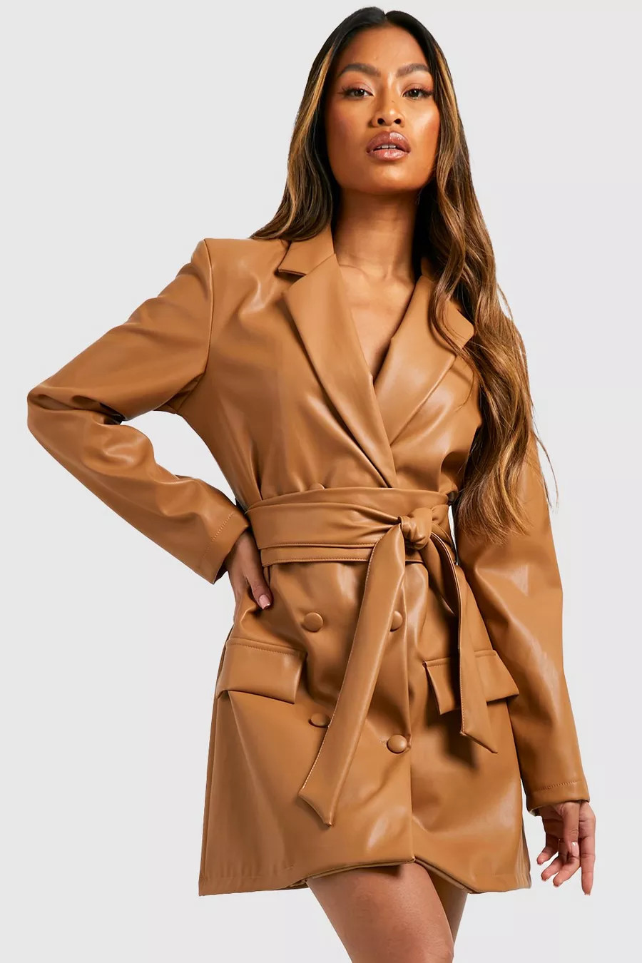 Faux Leather Obi Tie Waist Blazer Dress | Boohoo.com (US & CA)