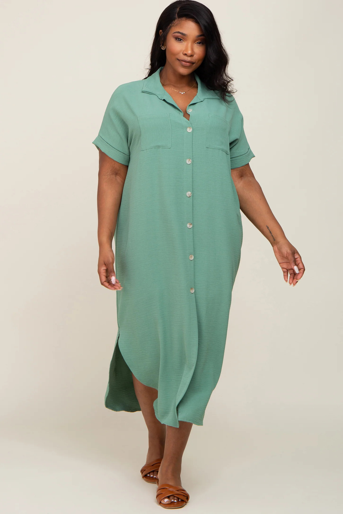 Forest Green Button Down Hi Low Plus Maxi Dress | PinkBlush Maternity