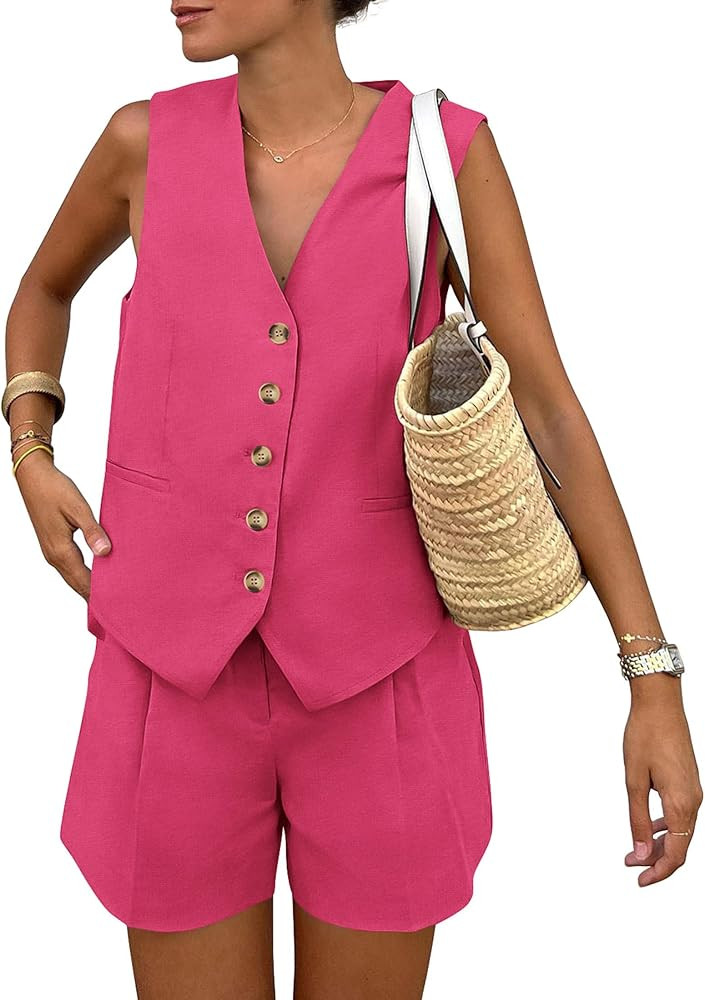 PRETTYGARDEN Women's Summer 2 Piece Outfits Sleeveless Matching Sets Button Down V Neck Vest Wais... | Amazon (US)