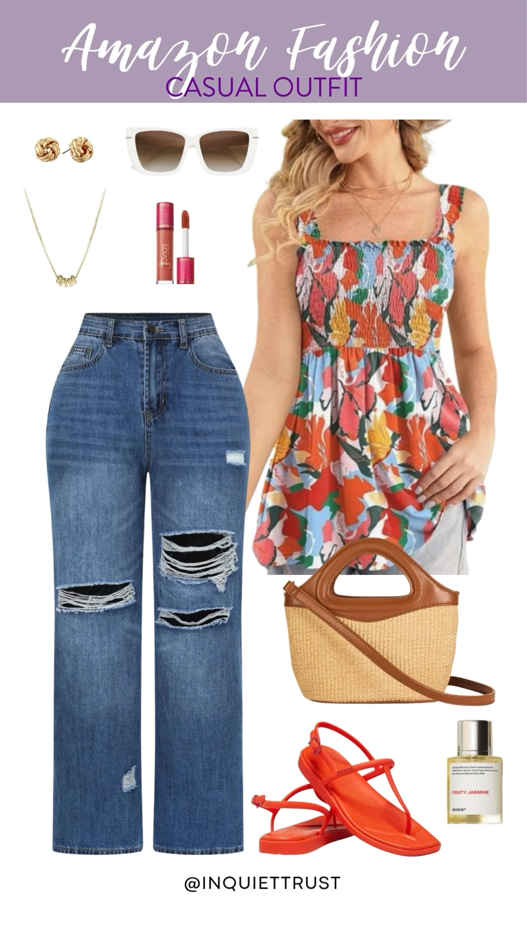 Find yourself a comfy, chic, and easy-to-wear outfit for casual days! This long floral peplum top pairs perfectly with distressed denim jeans. Also love these vibrant red thong sandals.
#amazonfashion #vacationinspo #summeraccessories #transitionaloutfit

#LTKStyleTip #LTKSeasonal #LTKU