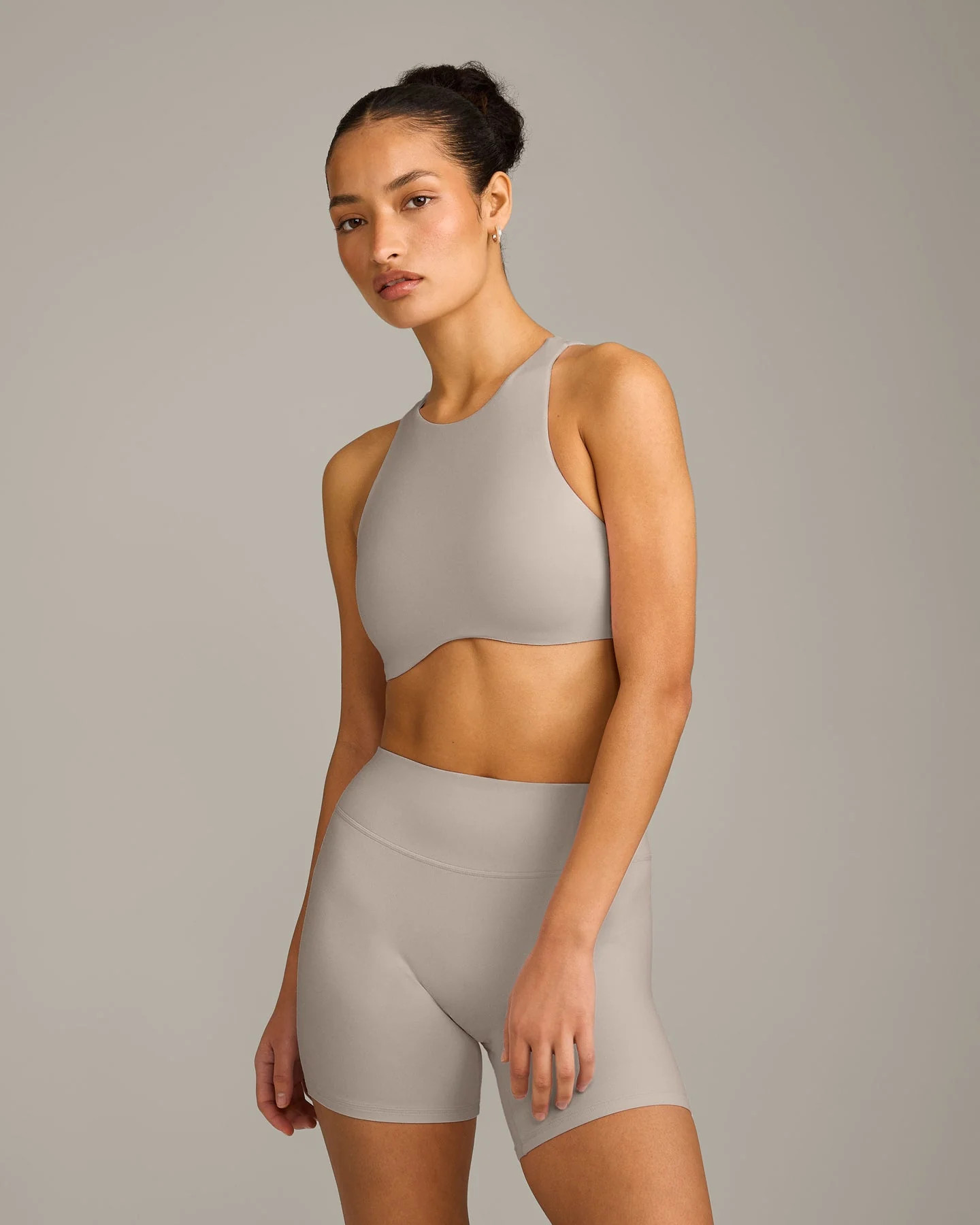 SoftMotion™ High Neck Sports Bra with White Logo 
 Warm Sand | Oner Active (UK / US)
