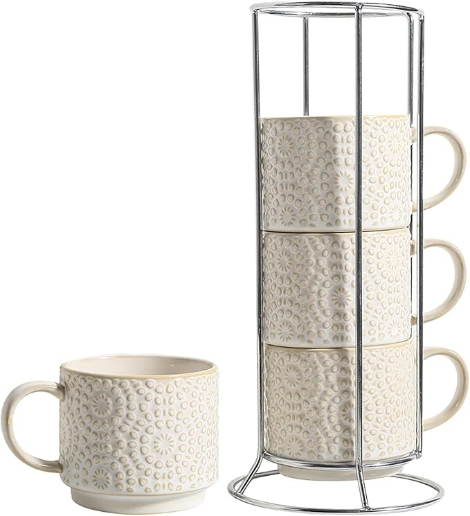 6 Oz Coffee Cups Set of 4, Stackable Coffee Mugs with Stand, Ceramic Cappuccino Cup, Embossed Esp... | Amazon (US)