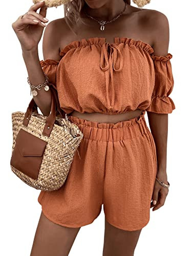 SweatyRocks Women's 2 Piece Outfits Romper Off Shoulder Short Sleeve Top Wide Leg Frill Trim Shorts with Pockets Orange S | Amazon (US)