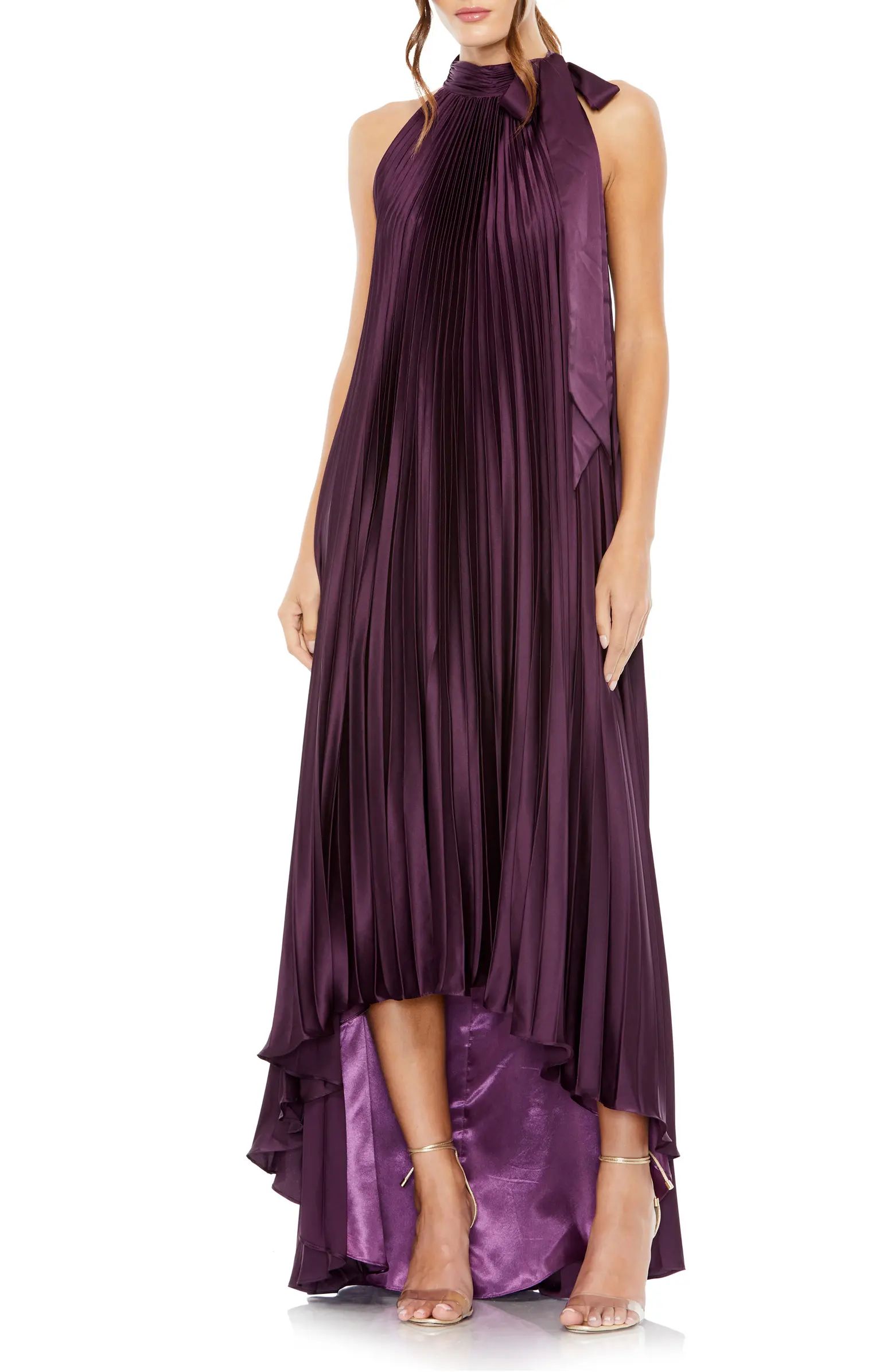 Pleated Tie Neck Satin High-Low Dress | Nordstrom