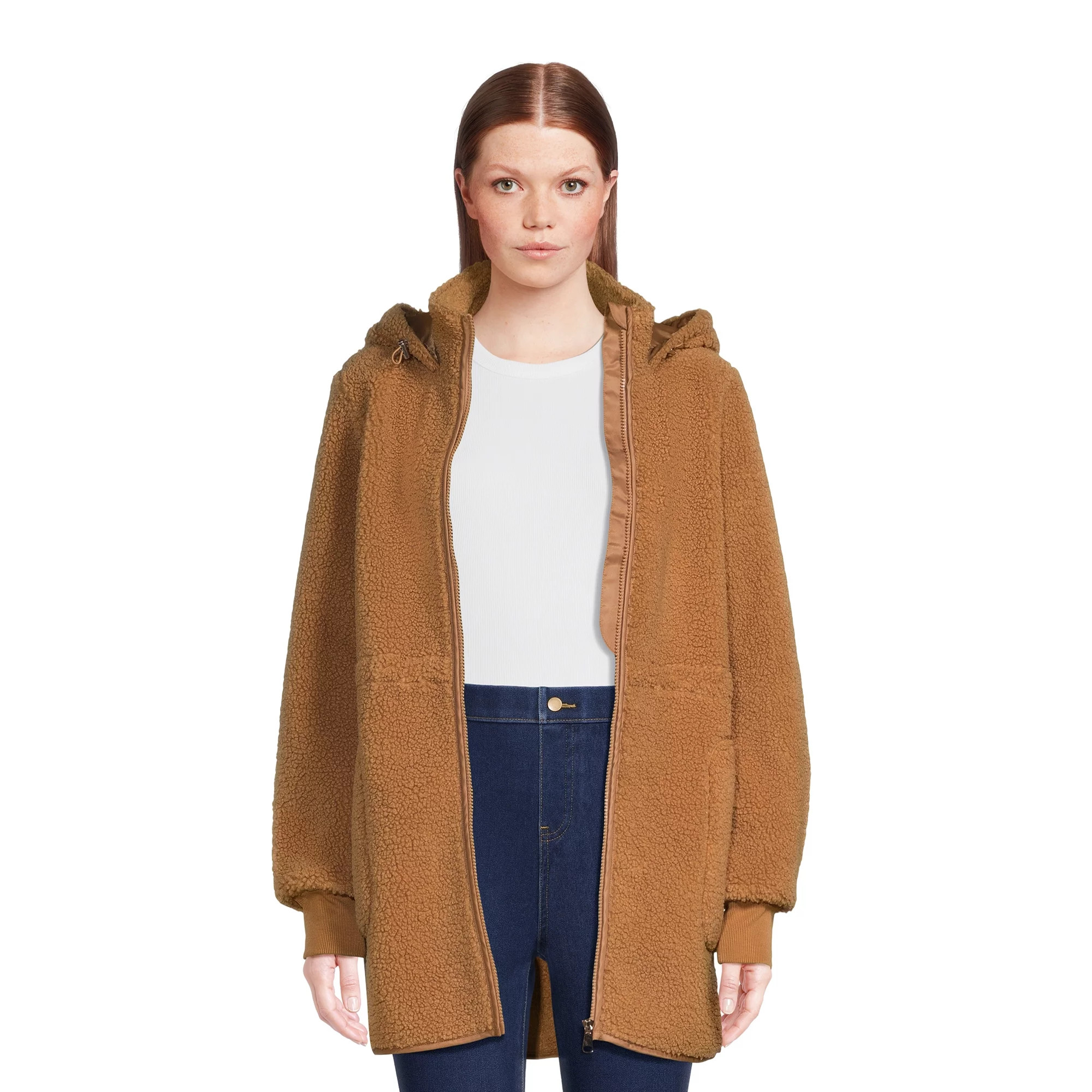 Time and Tru Women’s Faux Sherpa Jacket with Hood, Sizes S-2X | Walmart (US)