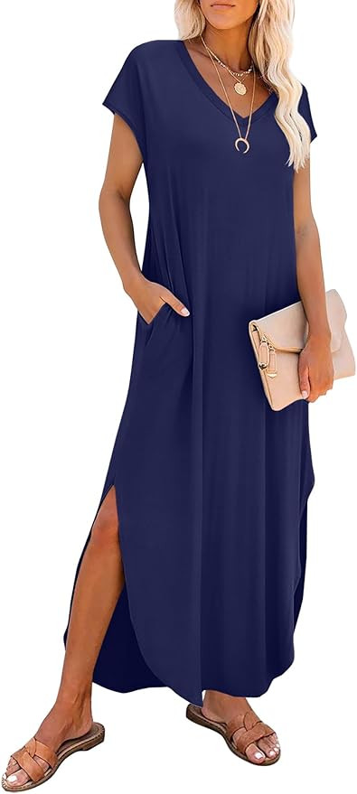 RUMIA Summer Casual Maxi Dresses for Women- Women's V Neck Cap Sleeve Long Sundress with Pockets ... | Amazon (US)
