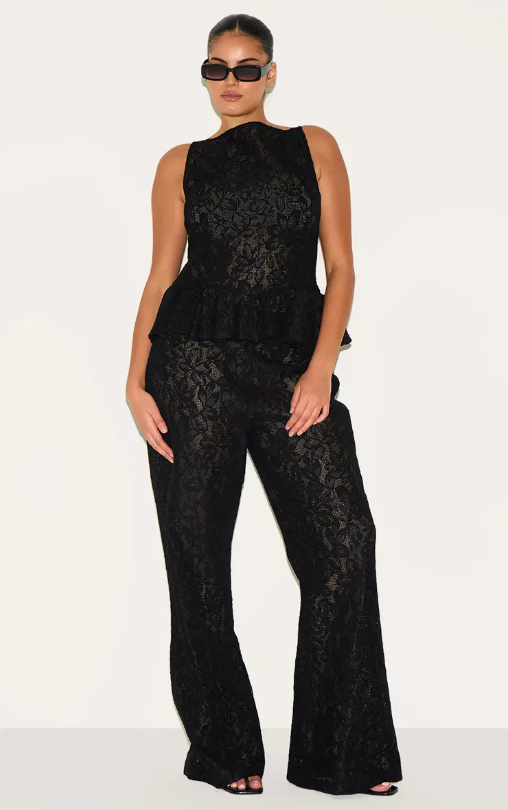 Plus Black Sheer Lace Flared Leg Trouser | PrettyLittleThing US