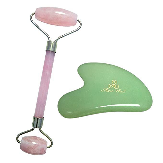Rose Quartz Facial Massage Roller & Green Jade Stone Gua Sha Massager Excellent Beauty Skincare T... | Amazon (US)