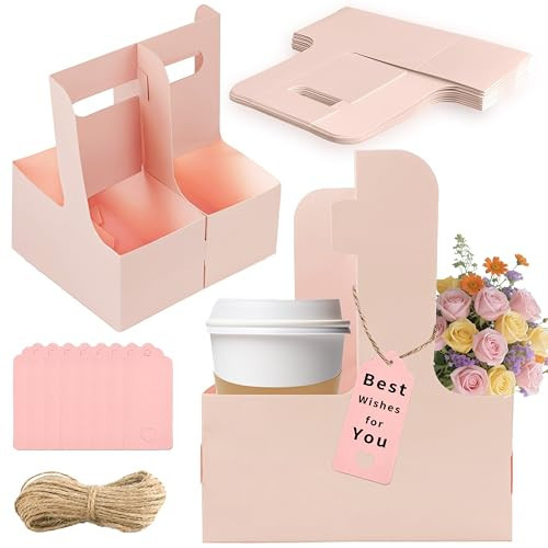 Turmaster 2 Cup Drink Carrier,8 Pack Coffee Cup Holders with Handle,Cardboard Cup Holders for Hot or Cold Drinks,Coffee Carrier with Ribbon and Card,Food Delivery Services and Bouquet(Pink) | Amazon (US)