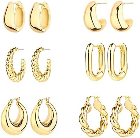 6 Pairs 14K Gold Plated Hoop Earrings for Women Lightweight Chunky Hoop Earrings Multipack Hypoal... | Amazon (US)