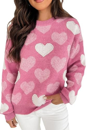 Faretumiya Women Oversized Pearl Heart Sweater Valentine 's Day Love Heart Sweatshirts Cute Graphic Long Sleeve Pullover Tops(Pearl Light Pink,Small) | Amazon (US)