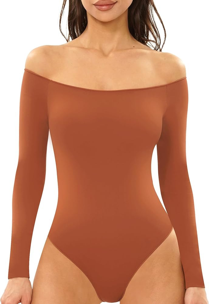NEWVISISTER Women Seamless Off Shoulder Bodysuit Long Sleeve Tops T Shirt Jumpsuit Classy Collect... | Amazon (US)
