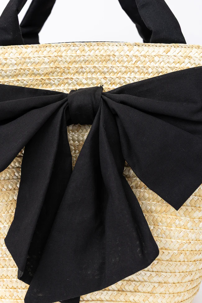 Beckett Black Bow Straw Tote DOORBUSTER | Pink Lily