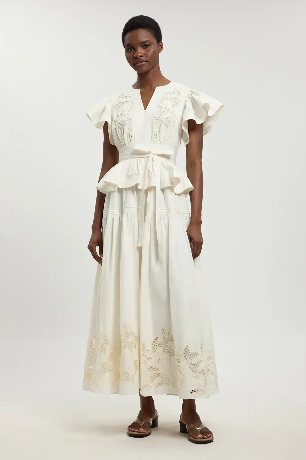 Cotton Cutwork Belted Midi Dress | Karen Millen