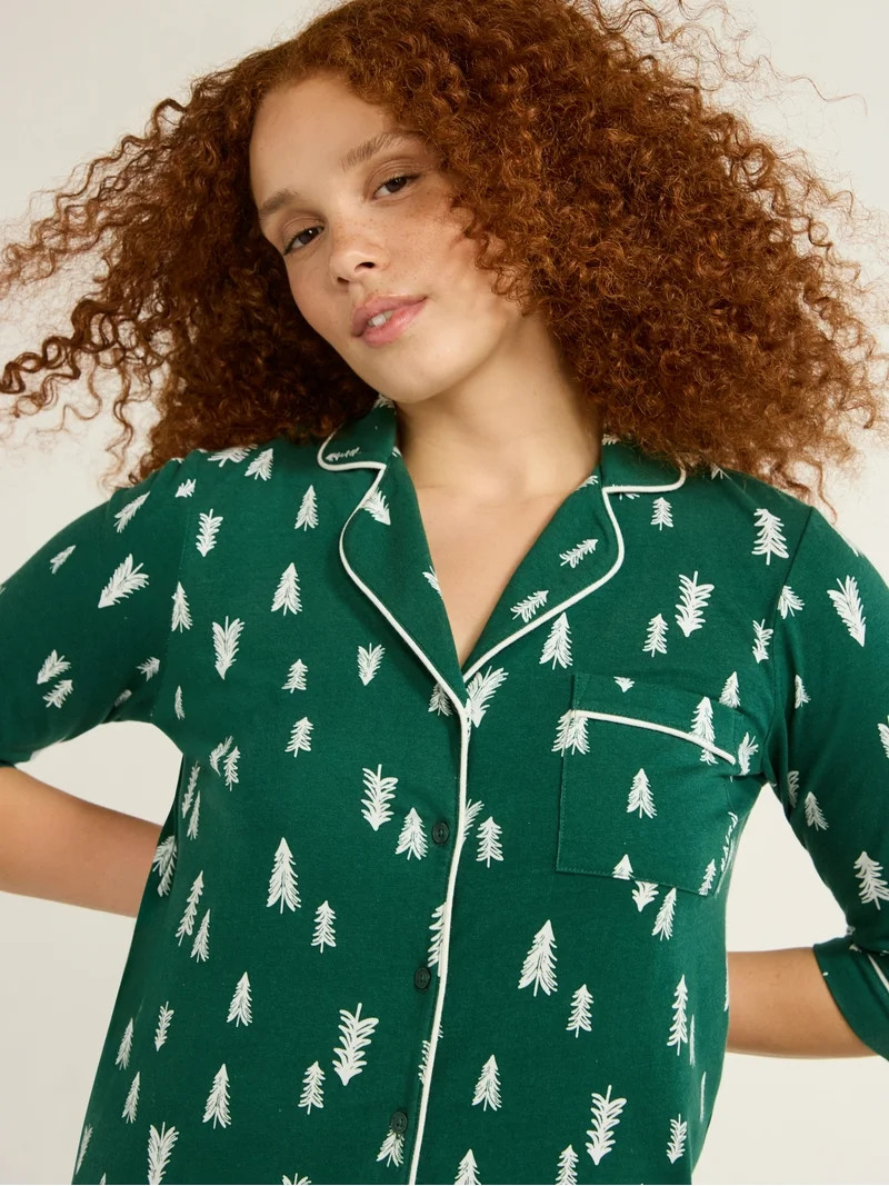 Joyspun Women’s and Women’s Plus Cotton Blend Notch Collar Pajama Set, 2-Piece, Sizes XS to 4... | Walmart (US)