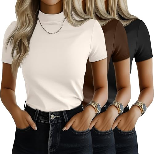 Ficerd 3 Pack Women's Mock Neck Shirts, Short Sleeve Turtleneck Tops Casual Comfy T Shirts Stretch Fitting Trendy Tee Blouse (Black, Brown, Cream,Medium) | Amazon (US)
