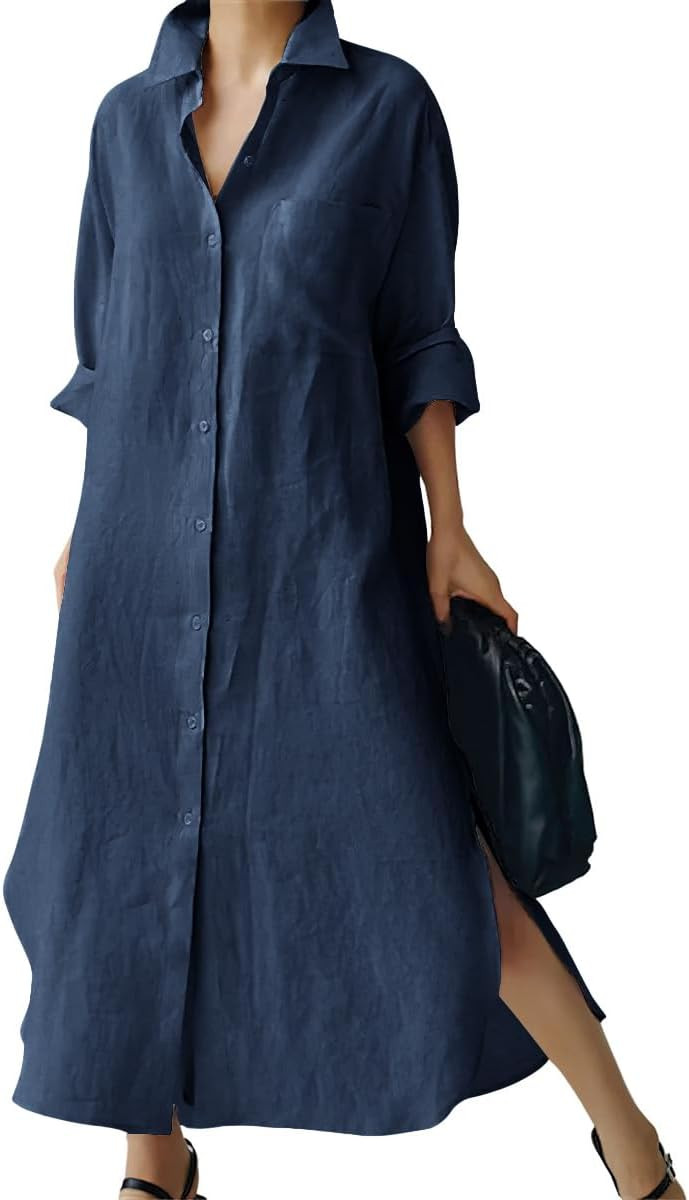 chouyatou Women's Spring Button Down Cotton Shirt Dress Summer Flowy Side Slit Maxi Shift Dress | Amazon (US)