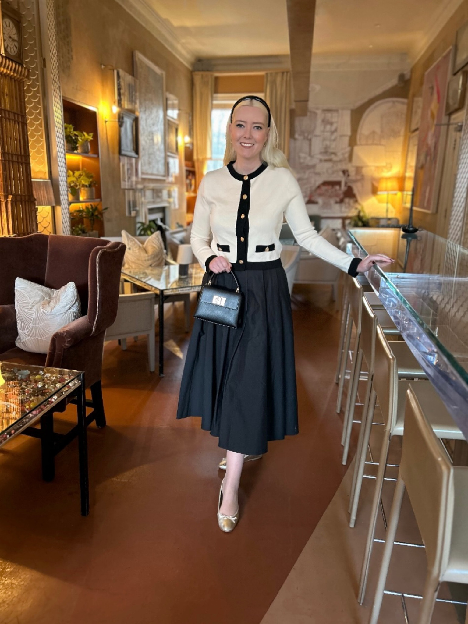 Some beautiful and affordable new pieces to show you! Fell in love with this Parisian style Ivory and Black Contrast Trim Cardigan and the black patent headband on sale at H&M. Wearing with my black taffeta skirt by Arkett, the 1927 top handle bag in Black by Furla and Lisa gold ballet flats by Hobbs London - these are low stock but I’ve also added the newer version with block heel. Do check the products I’ve added for more inspiration and many of my picks are January Sale bargains! 

#LTKeurope #LTKsale #LTKuk