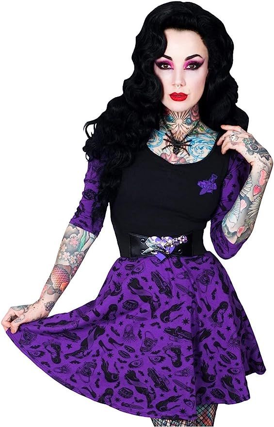 Kreepsville Elvira Comic Icons Purple Skater Dress Horror Goth Fashion Womens SM | Amazon (US)