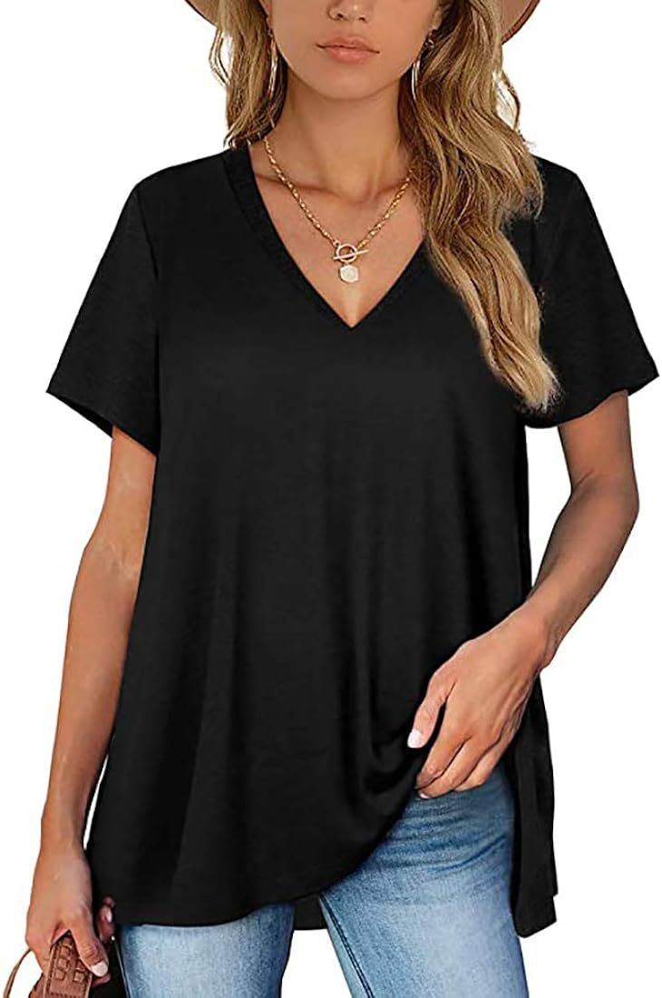 Uifely Women's Short Sleeve V Neck Tops Summer Basic Tee Casual Loose Fit Tshirts | Amazon (US)