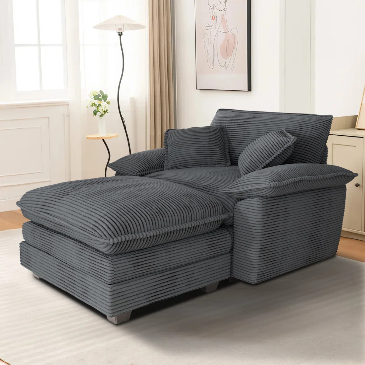 Corduroy Chaise Lounge Chair Indoor with Ottoman,Upholstered Armchair with 3 Pillows,Comfy Single... | Wayfair North America