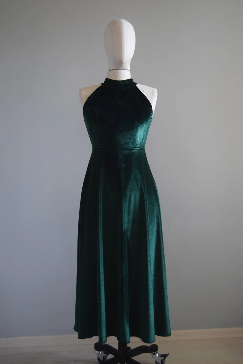 Velvet Midi Length Emerald Green Halter Bridesmaid Dress Jewel Dark Green Luxe Velvet Maid of Hon... | Etsy (US)