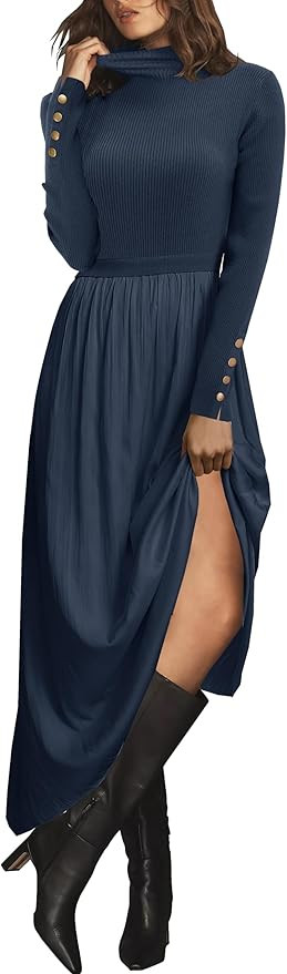 Womes Mock Turtleneck Long Sleeve Ribbed Knit Pullover Tops Fashion Long Maxi Dress | Amazon (US)