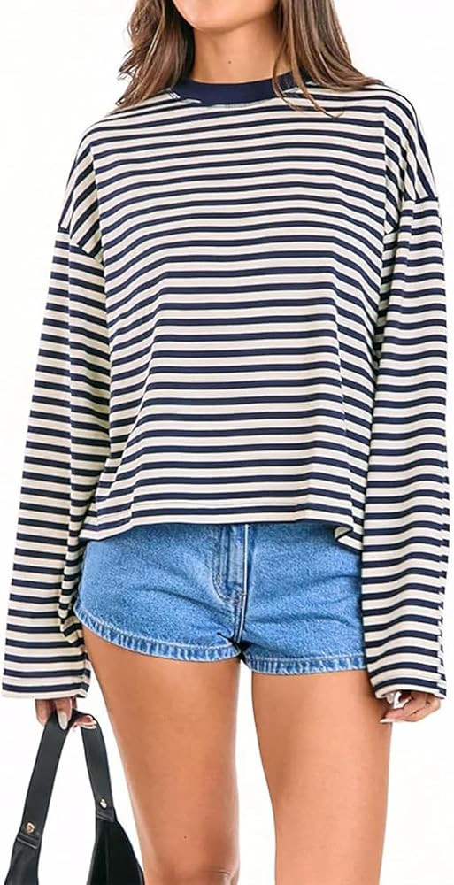 Women Long Sleeve Shirt Crew Neck Drop Shoulder Cropped Striped Sweatshirt Oversized Pullover Gru... | Amazon (US)