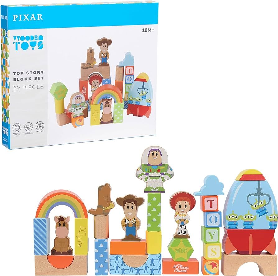 Amazon.com: Disney Wooden Toys Toy Story Block Set, 29-Piece Set Includes 4 Block Figures, Offici... | Amazon (US)