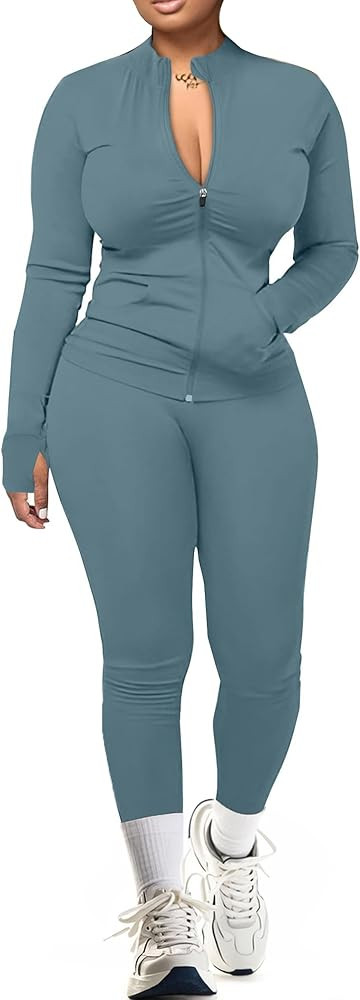 UOUA Two Piece Outfits Women Tracksuit Sets Long Sleeve Zip Up Jacket & Leggings for Gym Workout ... | Amazon (US)
