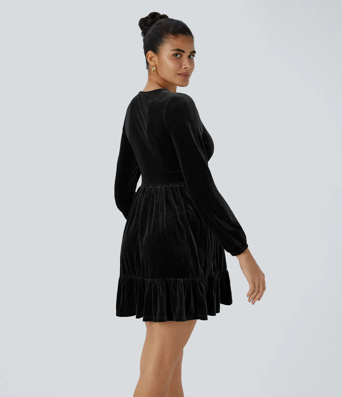 Women’s Everyday Deep V Neck Long Sleeve Ruffled Hem Velvet Mini Chill Dress - Halara | HALARA
