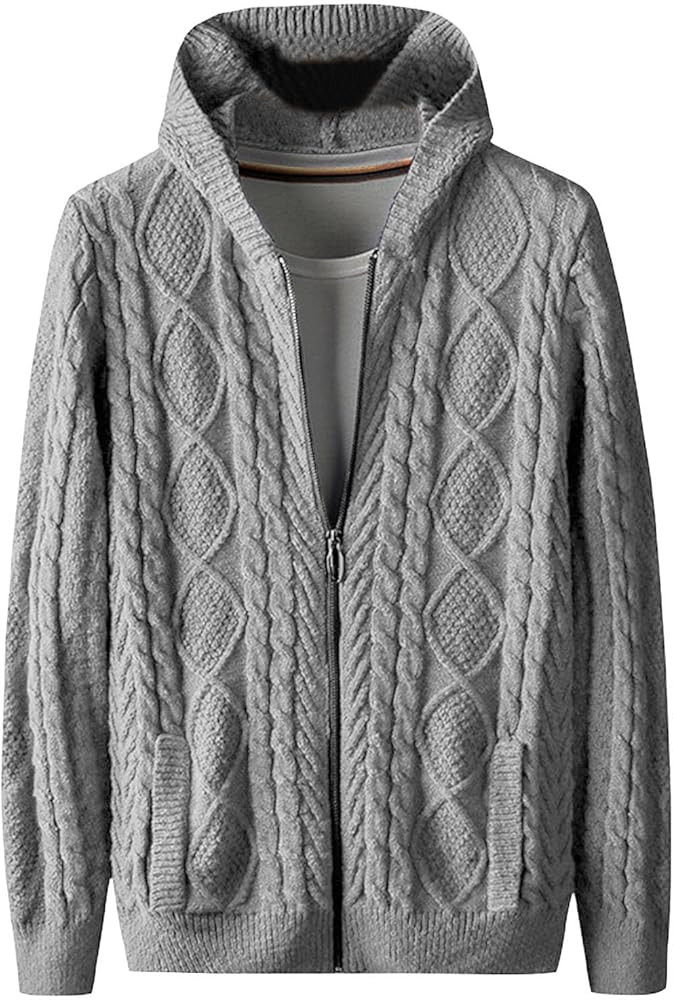 JEsilunmaMY Mens Cable Knit Hooded Cardigan Sweaters Long Sleeve Comfortable Cotton Knitwear Soli... | Amazon (US)