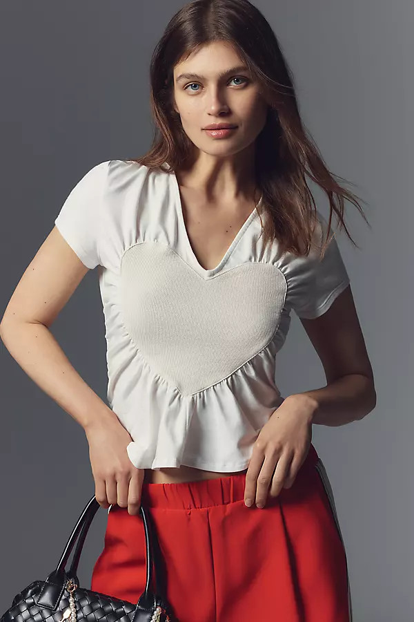 Maeve Heart Embellished V-Neck Tee | Anthropologie (US)