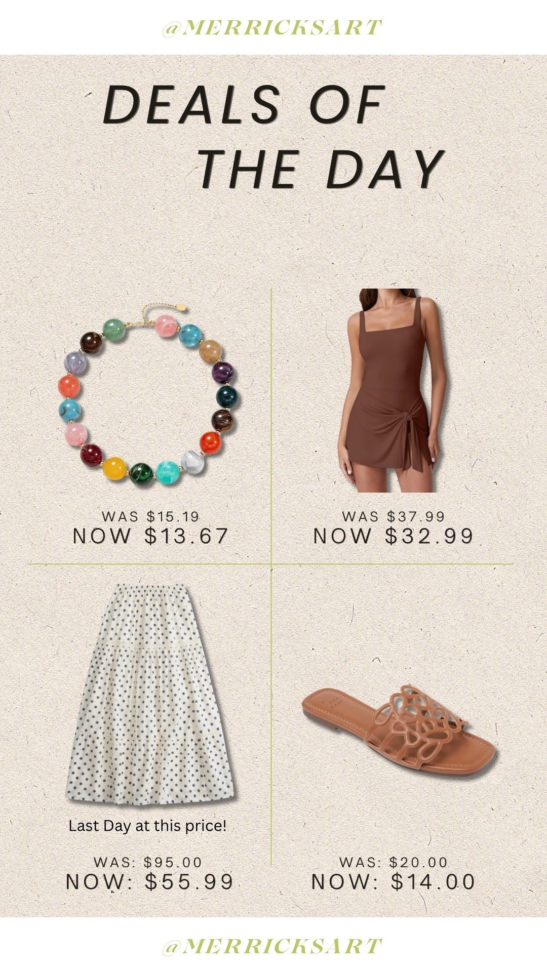 Daily deals - a gorgeous necklace, a swimsuit with a built in skirt, a cute summer skirt, and pretty designer inspired sandals!