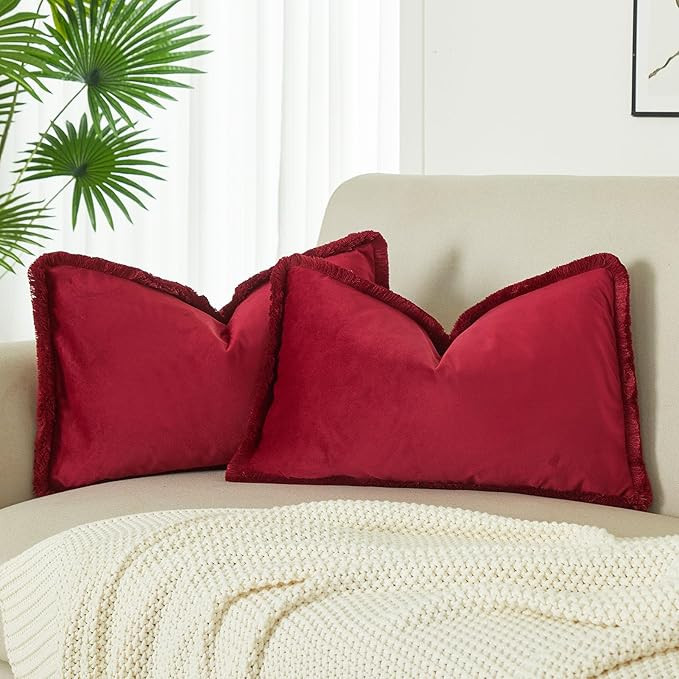 JUSPURBET Red Decorative Lumbar Velvet Fringe Throw Pillow Covers 12x20 Set of 2 Boho Soft Cushio... | Amazon (US)