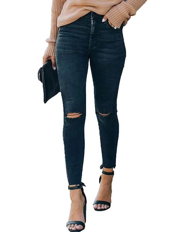 Allimy Women's High Rise Skinny Stretch Ripped Jeans High Waisted Destroyed Denim Pants | Amazon (US)