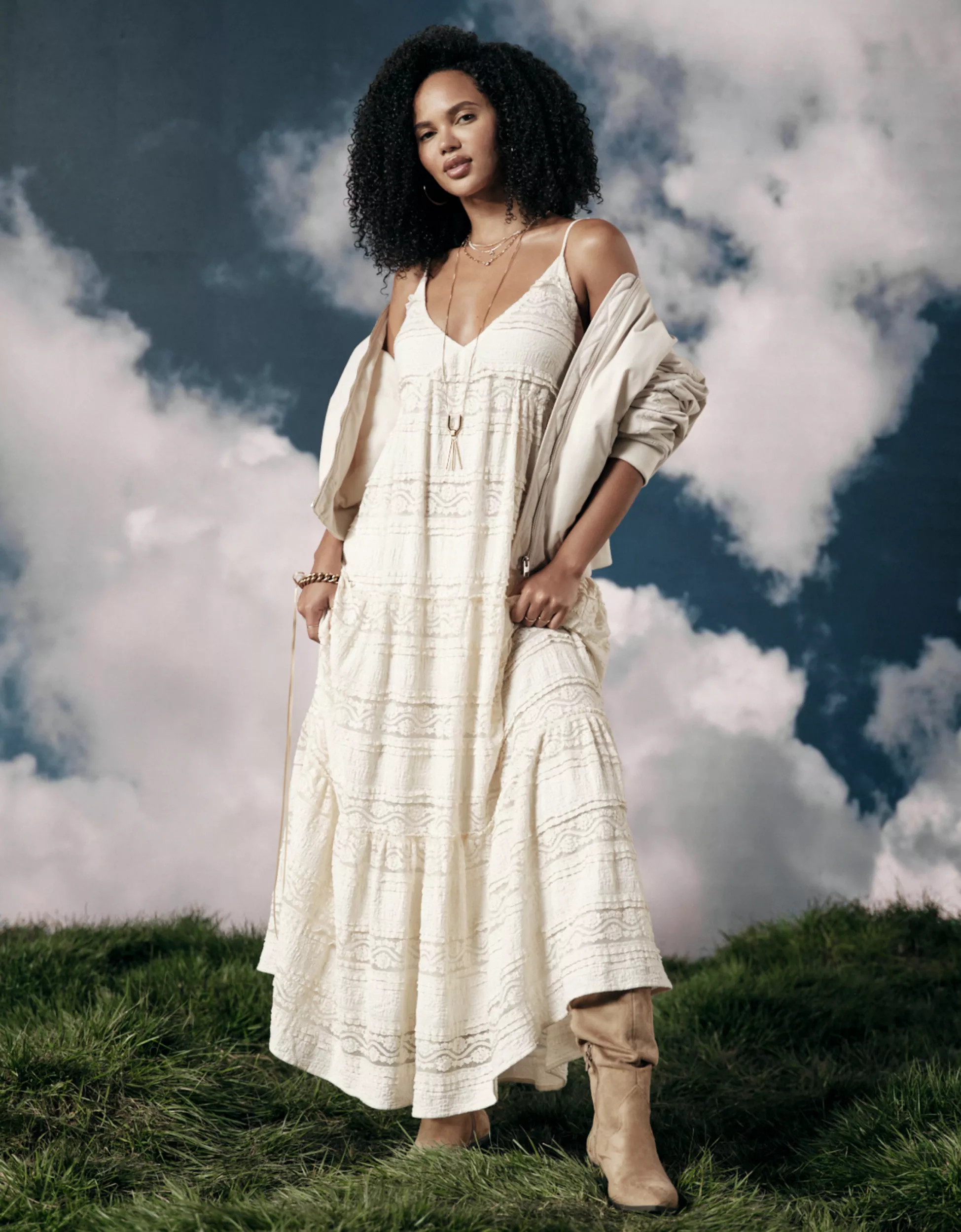 AE Lace V-Neck Tiered Midi Dress | American Eagle Outfitters (US & CA)