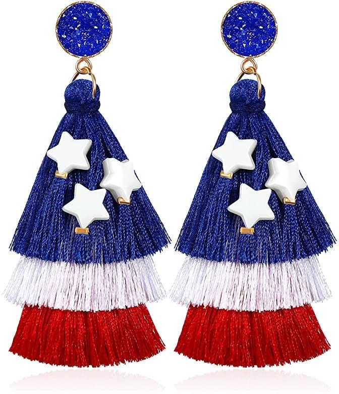 American Flag Earrings Fourth of July Drop Earrings Independence Day Accessories Blue White Red B... | Amazon (US)