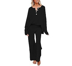 Pink Queen Women's 2 Piece Outfit Set Long Sleeve Button Pullover Sweater Top and Wide Leg Pants ... | Amazon (US)