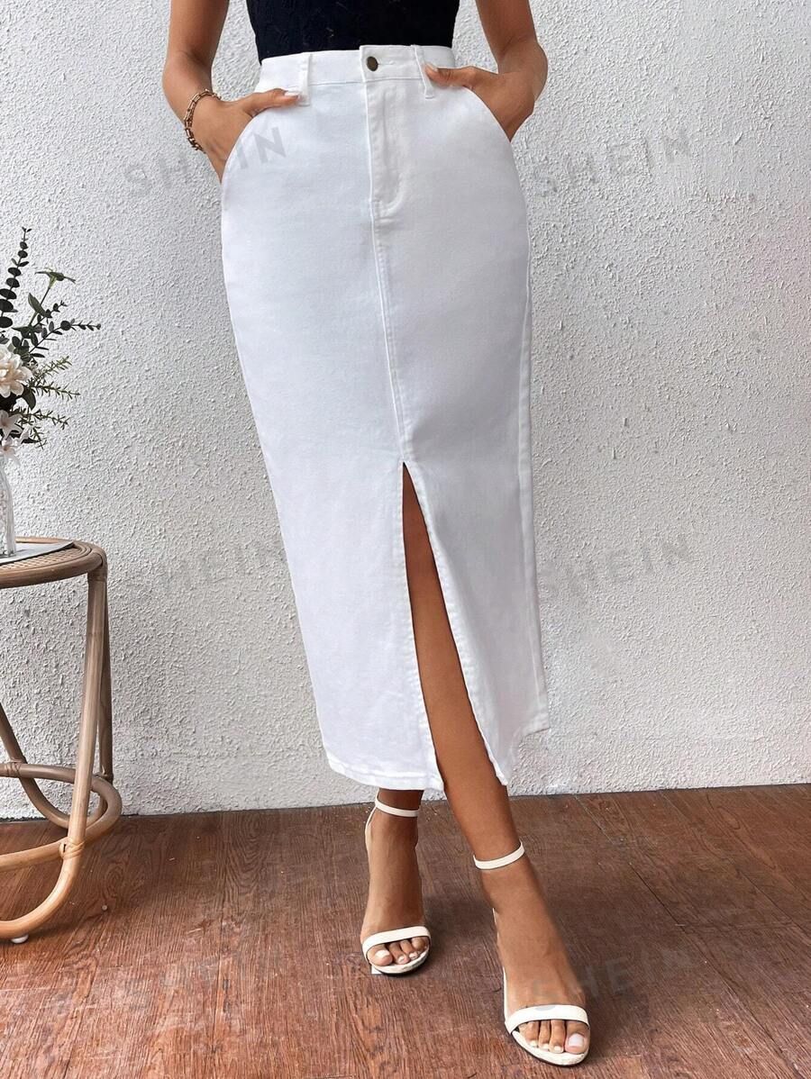 SHEIN Frenchy Women's Simple White Regular Style Denim Skirt With Split Hem | SHEIN