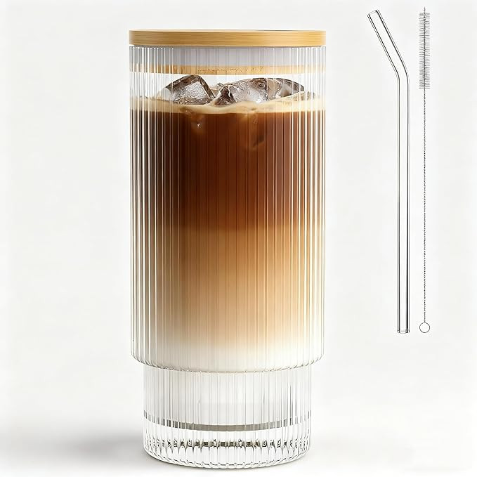 16OZ Ribbed Glass Cups with Lids and Straws,Iced Coffee Cups with Lid,Vintage Glassware for Whisk... | Amazon (US)