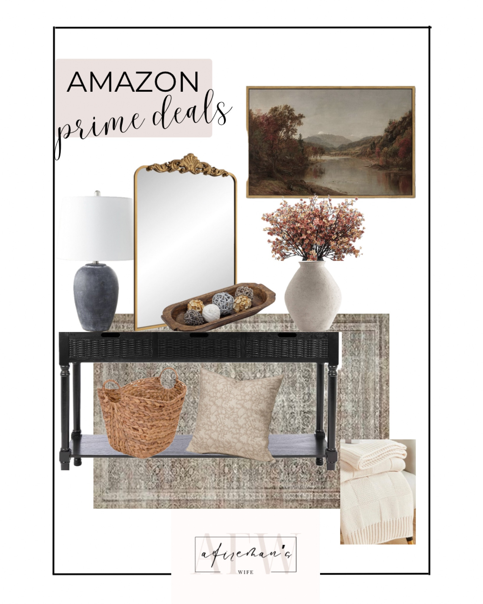 AMAZON prime deals!!  Entryway styling. Follow me on insta @a.firemans.wife 

Gold mirror  | loloi rug | console table | framed fall  wall art | woven basket | cozy throw blanket | throw pillow | table lamp | vase | wood dough bowl | fall stems 

#LTKStyleTip #LTKSaleAlert #LTKHome